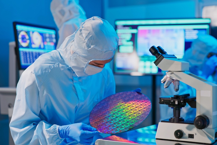 An engineer fabricates a semiconductor wafer and inspects it under a microscope