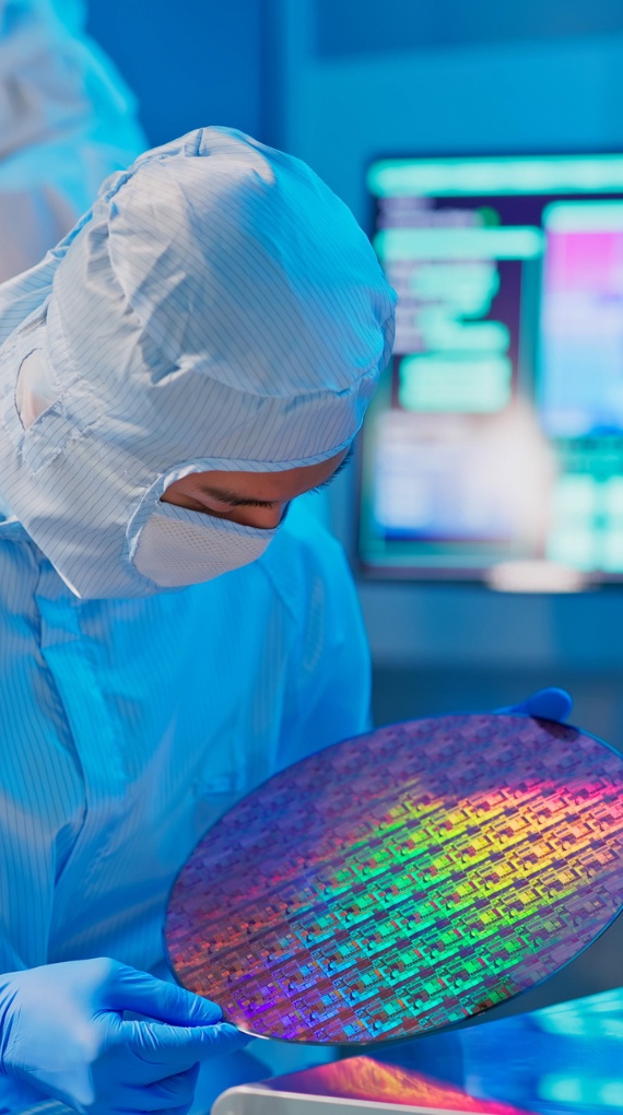 An engineer fabricates a semiconductor wafer and inspects it under a microscope